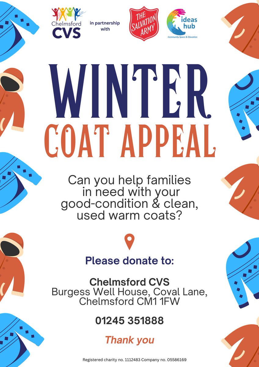 APPEAL: We need clean, warm winter coats for people in need. Please donate if you can, and help us spread the word. ❤️💙💛💚 #chelmsford #volunteering #winter @IdeasHubChelms #SalvationArmy @UnitedInKind