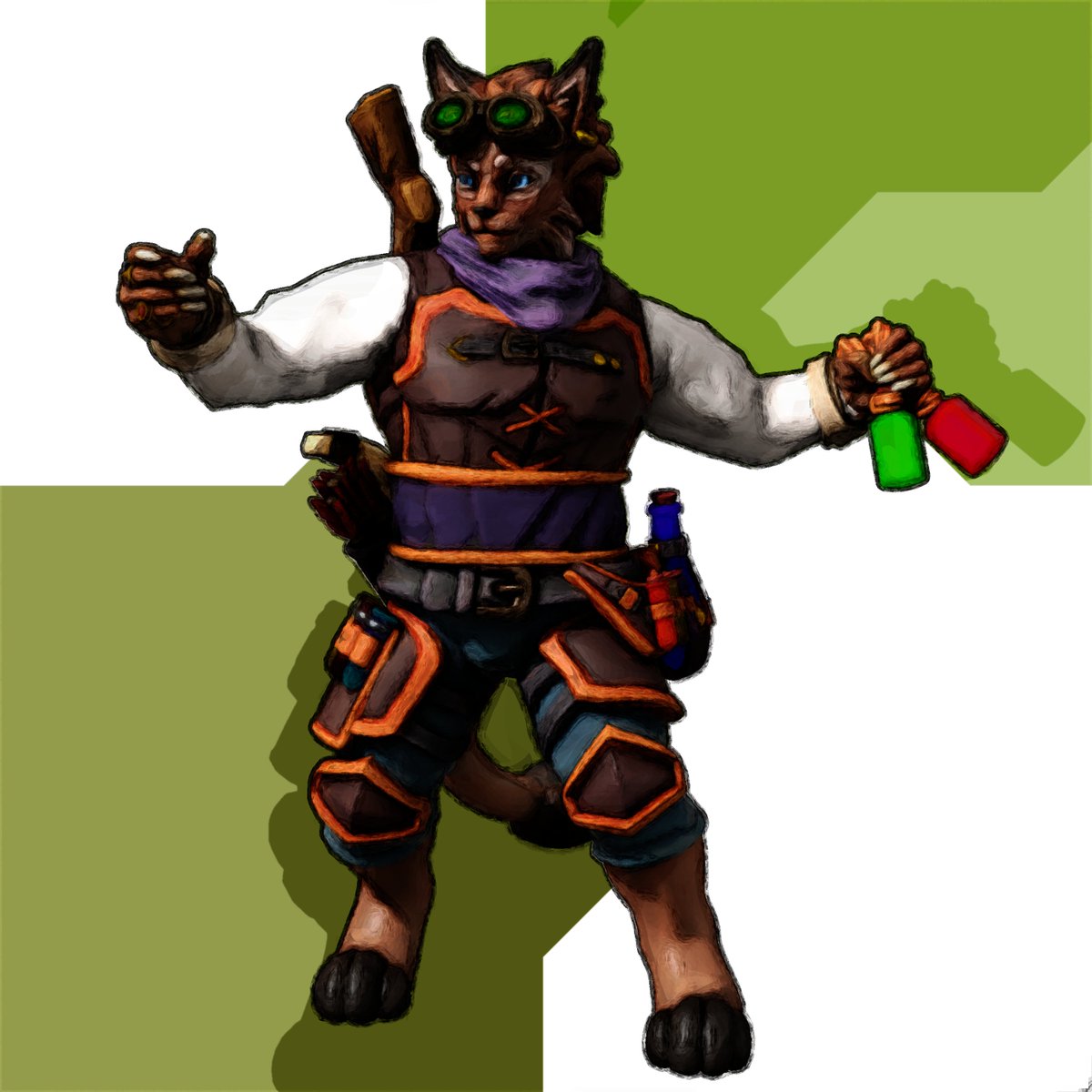 Kitty alchemist for <a href="/kumagoro314/">Kuma 🐐🏳️‍🌈 @kumagoro.art (bsky)</a> :D This time he had some art beforehand, but it was fun to recreate his character in heroforge and apply some styling. I am trying to come up with some style for backgrounds, I think I am onto something here....