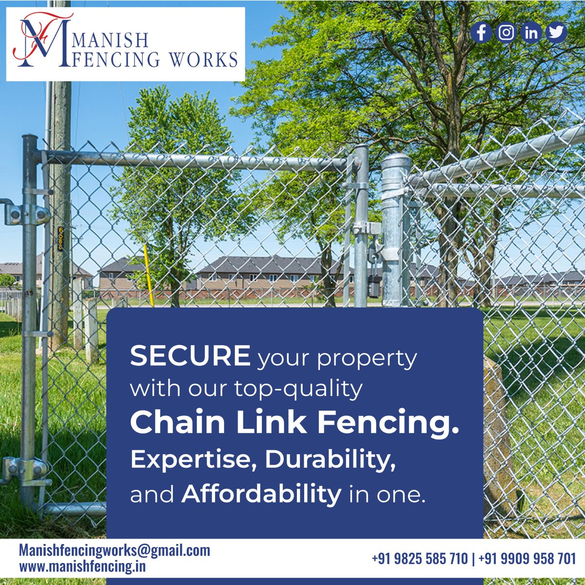 Secure your property with our top-quality chain link fencing – where expertise, durability, and affordability unite. 

#ManishFencingWorks #chainlink #wirefencing #ReliableDefense #bestquality #FencingSolutions #SafeAndSecure #GetFenced #FencingInstallation #wire #ahmedabad