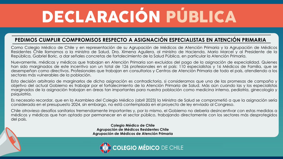 colmedchile's tweet photo. [#DeclaraciónPública] #ColmedChile junto a las agrupaciones @medicosapschile y @residenteschile hacemos un llamado al Gobierno a incluir a tod@s l@s médic@s en el pago de la asignación de especialidad, ya que muchos están siendo marginados y excluidos. Cumplan con los compromisos adquiridos y hagan un esfuerzo adicional por la salud de nuestro país.