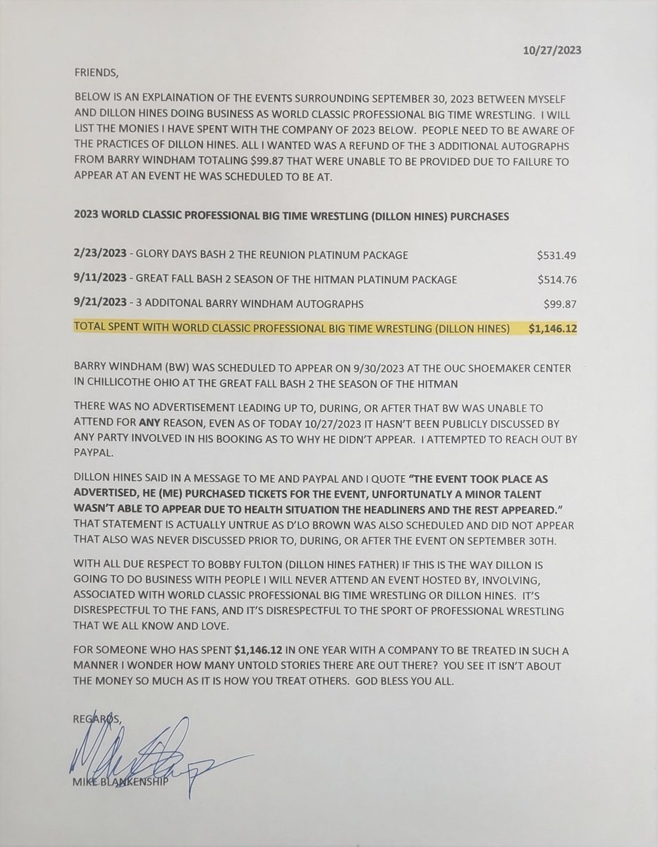 Would I like to see a refund on the $99.87?  You're absolutely right I would.   However if this is the way folks do business I want no part of it and won't associate my name with it.  Bet he wouldn't let me run a tab and not pay and still get service #nwa #wwe #aew #wcw