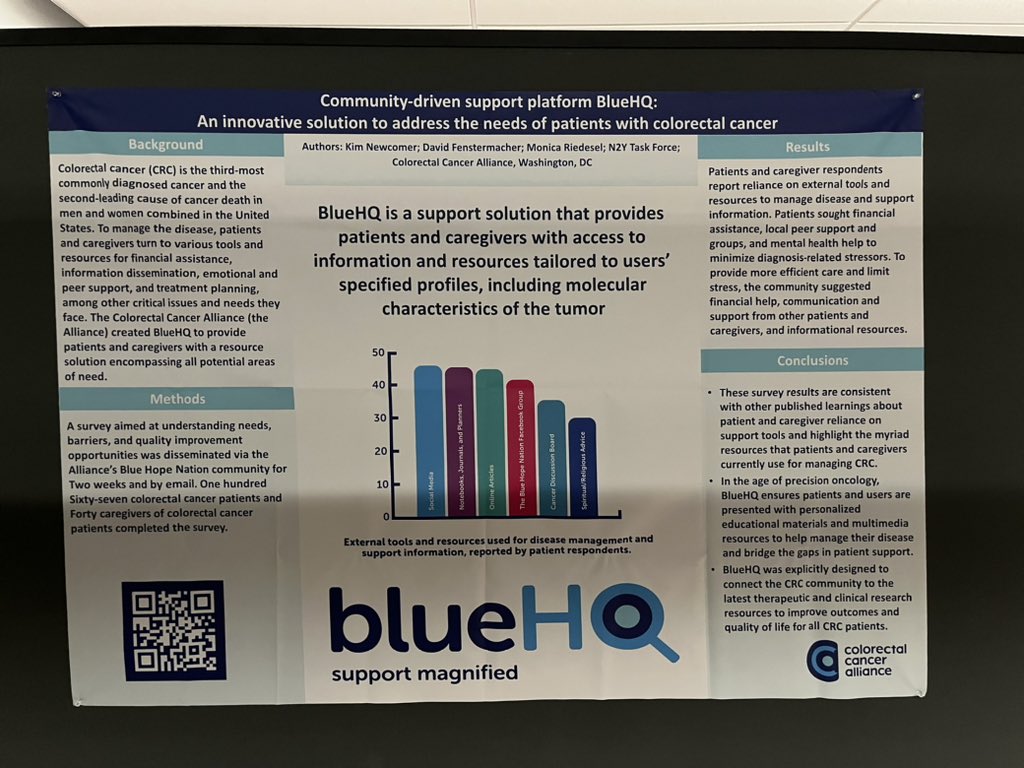 Day 1 at #ASCOQLTY23. Stop by the poster F15 and learn more from @coloncancergal about our community driven support platform #BlueHq: an innovative solution to address the needs of patients with #CRC @ASCO