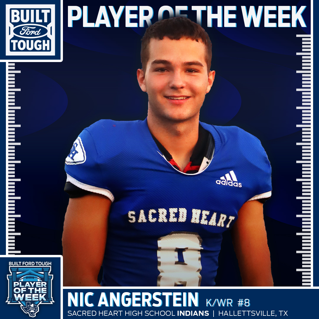 HouTXFord's tweet photo. 🏈 @NicholasAngers1 led Sacred Heart to 9-0 for the 1st time since 2014. The Senior K/WR kicked a 36-YD FG, caught 33 &amp; 34-YD TD passes, intercepted 2 passes, &amp; had 1 punt for 39 YDs making him Private School #BFTPOWeek 💪 #HOUTXFord #Ford @ChuckBrownFord #TXHSFB @BallySportsTXHS https://t.co/IPrbfPrgub