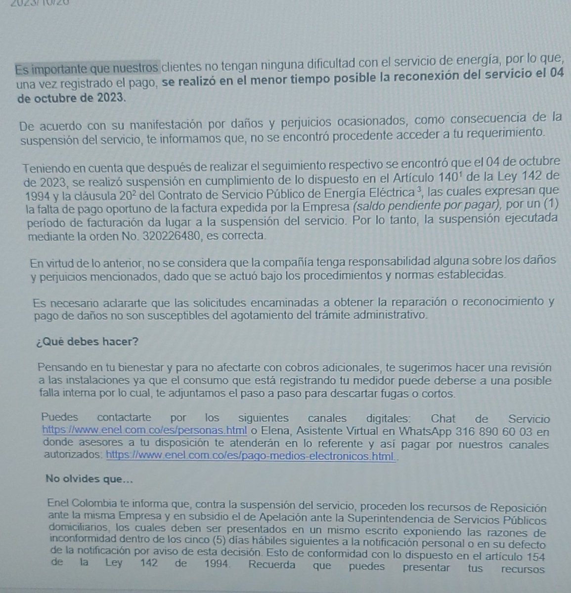 EspitiaMarinez's tweet photo. @EnelClientesCO Absolutamente falso que @EnelColombia tenga la intención de aplicar los pagos. He aquí la respuesta mentirosa, absurda y abusiva. Yo pagué oportuno y su error me llevo a pagar 48 veces el valor de la factura @Superservicios @NoticiasCaracol @Citytv @DefensoriaCol @ClaudiaLopez https://t.co/USIR0DBcSy