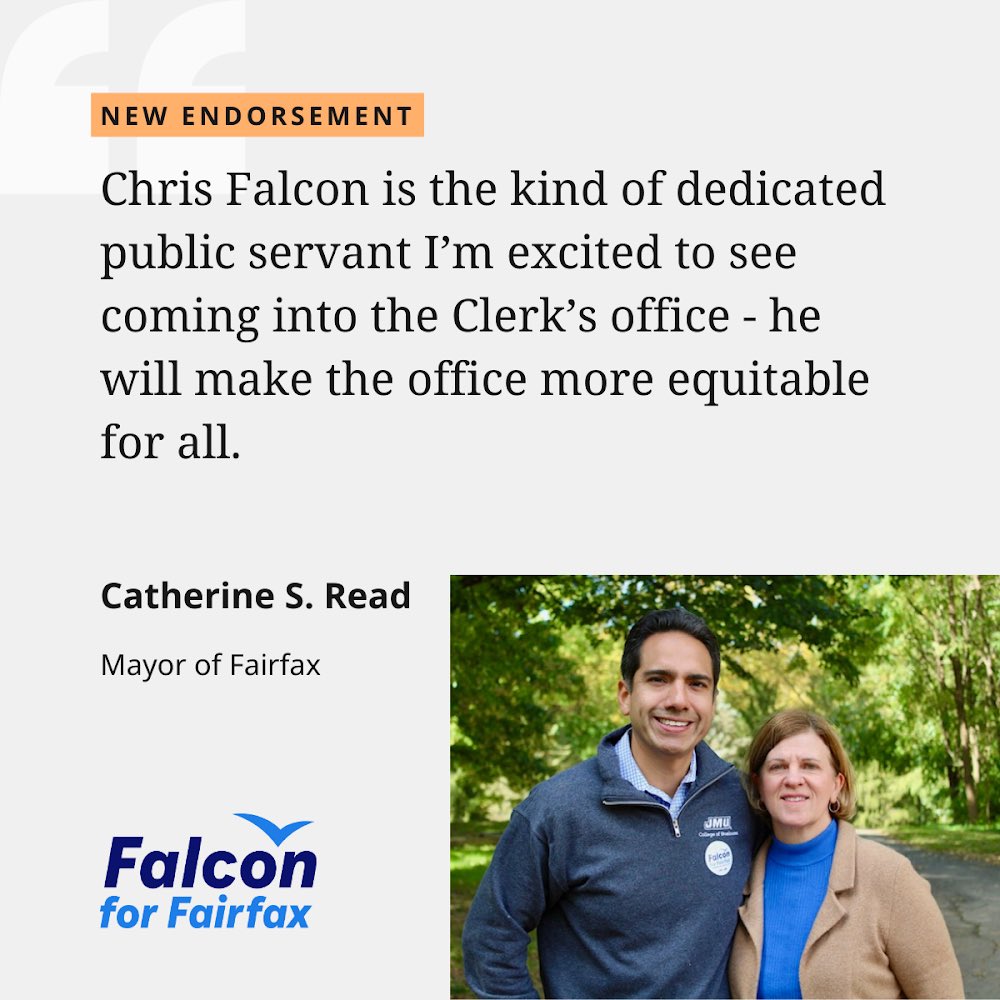 Chris Falcon (@falcon4fairfax) on Twitter photo So glad to have the support of the wonderful Mayor Read <a href="/csread/">Catherine S. Read</a> and so many other local leaders! So glad to have the support of the wonderful Mayor Read <a href="/csread/">Catherine S. Read</a> and so many other local leaders!