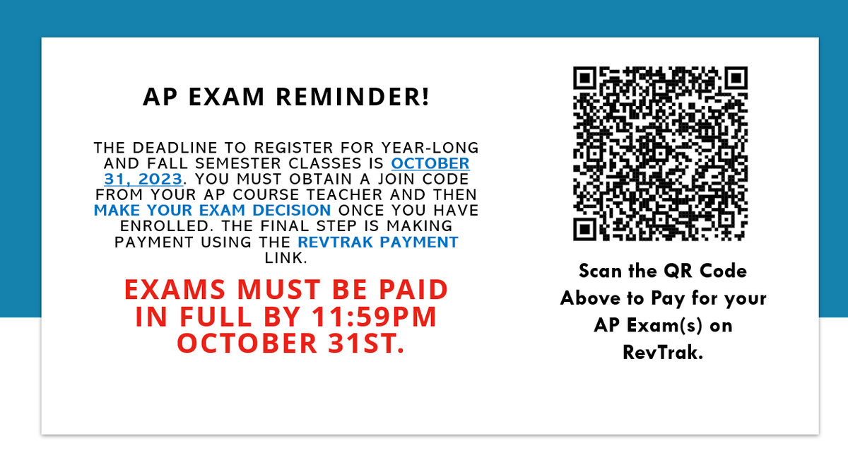 elkinsco2024's tweet photo. Don't forget to register and pay for your AP exams by Tuesday, October 31!  @EHS_Knightswire @Elkins_PTO @drsarahbrown 💙⚔️💛#KnightLife https://t.co/Dq6N5cgMo0