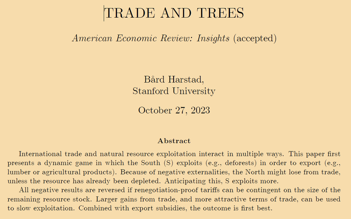 The EU-Mercosur trade agreement is in its final round - before being ratified or abandoned. My analysis 'Trade and Trees', today accepted in AER:I, shows how a simple modification of the treaty can motivate forest conservation instead of deforestation: sv.uio.no/econ/personer/…