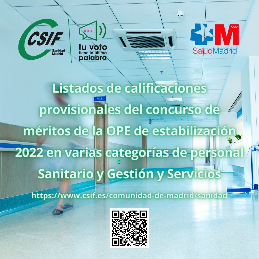 Listados de calificaciones provisionales de la OPE de estabilización 2022 en varias categorías csif.es/node/369546
#CSIF #csifsanidad #csifsanidadmadrid #SERMAS #OPE #opeestabilizacion #estabilizacion #estatutario #hospital #atencionprimaria #SUMMA112