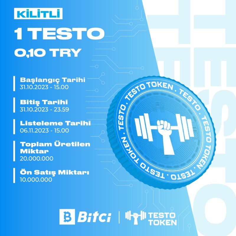 safebitcom's tweet photo. 📢 Bitci'den Yeni Token Arzı!
💪 Fitness, bodybuilding vb. spor meraklılarına özel üretilen #TestoToken Bitci'de arz ediliyor!
1️⃣. Kilitli arz seçeneği 31 Ekim saat 15.00'te başlayıp, 31 Ekim saat 23.59'da sona erecektir.
💰 Kilitli: 1 $TESTO 0,10 TRY'den satışa sunulacak.