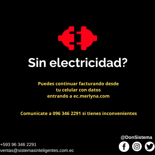 MerlynaERP's tweet photo. Sin electricidad? Recuerda que puedes continuar facturando con tu celular con datos entrando a https://t.co/0QB9YyAXYy. Escribenos a 096 346 2291 si tienes algun inconveniente https://t.co/fIdLjrFSJK