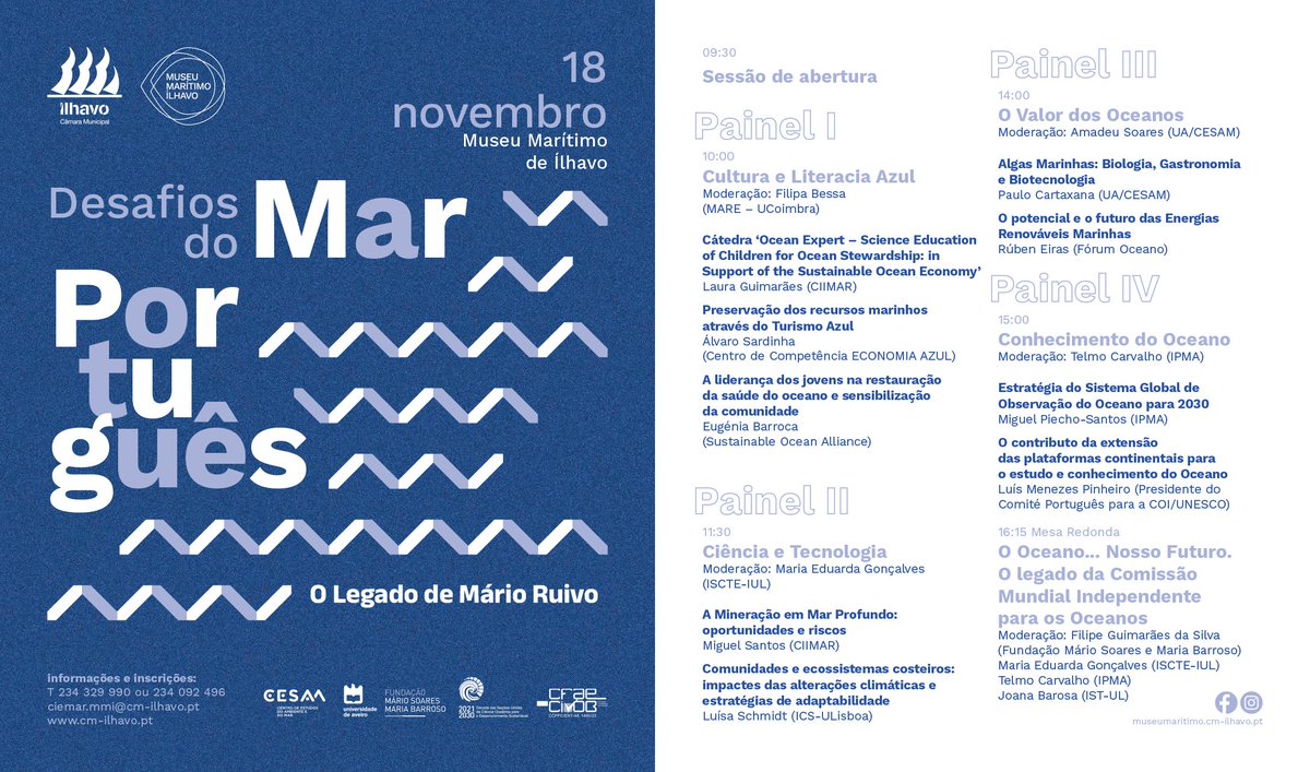 The 11th edition of the 'Desafios do Mar Português' seminar will take place on November 18th at the Maritime Museum of Ílhavo and is organized in partnership with CESAM. Learn more here: bit.ly/3Sh2M5L