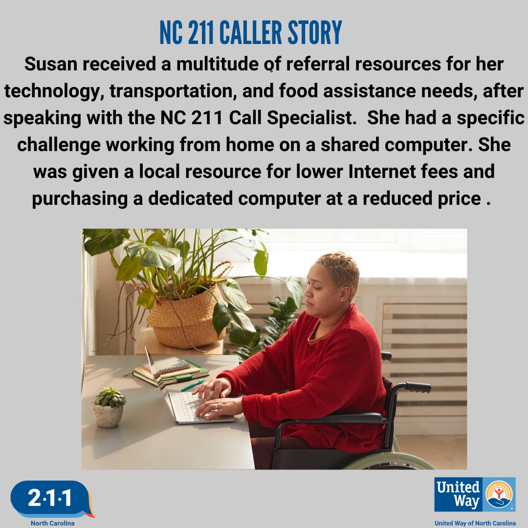 The public and our clients are often surprised not just by the number of resources we share (we have more than 13,000 verified referral sources in United Way of North Carolina's NC 211 database), but the diversity.   Learn more at: nc211.org/elibrary/.