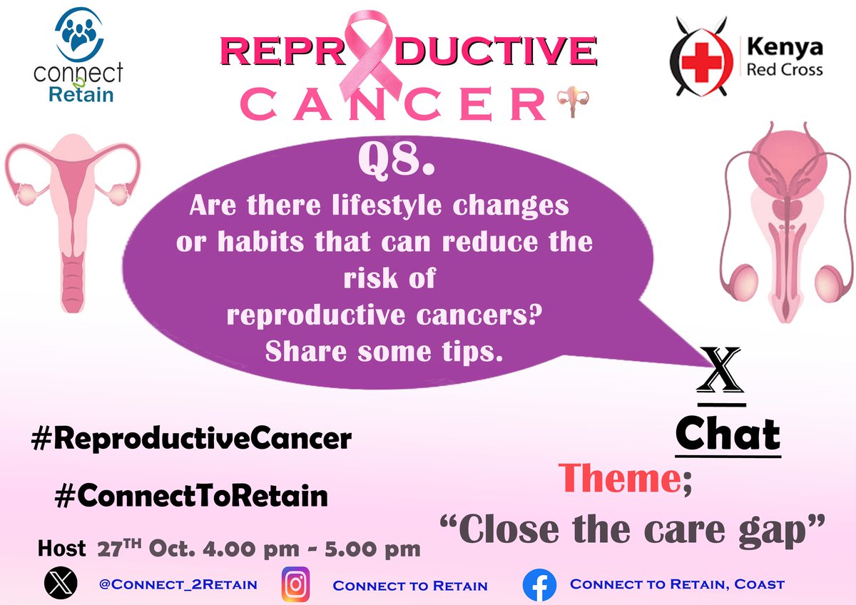 Connect_2Retain's tweet image. Are there lifestyle changes or habits that can reduce the risk of #ReproductiveCancer? Share some tips.
#ConnectToRetain 
@USAIDKenya @USEmbassyKenya @KenyaRedCross @LVCTKe @hivosroea @ahfkenya @KCDF @SFCG_Kenya @AKF_EA @KilifiCountyGov @MombasaCountyKe @OurKwaleCounty