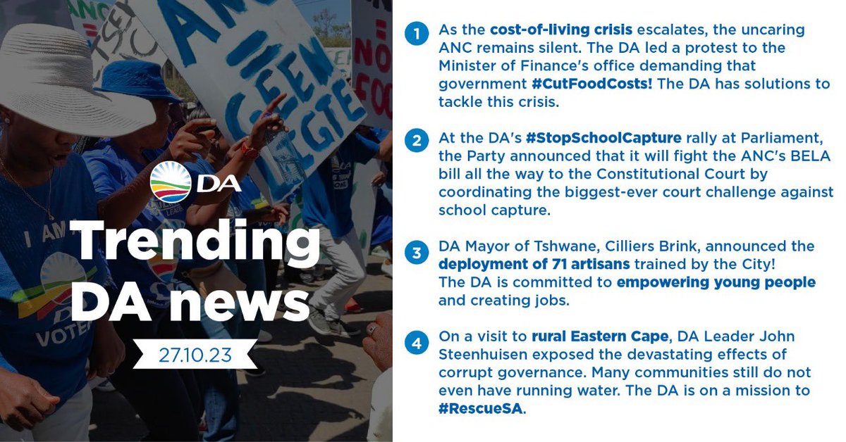Our_DA's tweet photo. ❗ Helen Zille led a protest to #StopSchoolCapture. The DA is taking the ANC's draconian BELA Bill to the Constitutional Court!
❌ Protesters gathered in Pretoria to demand that government #CutFoodCosts. The DA handed our solutions to the Minister of Finance.
See top stories 🗞️