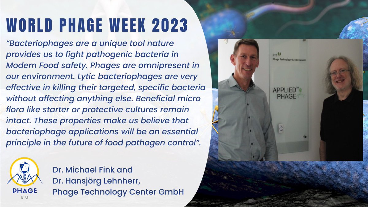 #WorldPhageWeek 2023 
Dr. Michael Fink and Dr. Hansjorg Lehnherr from PTC Phage Technology Center, one of PhageEU founding members, underline the role of phages in fighting pathogenic bacteria for the purpose of modern #food safety.