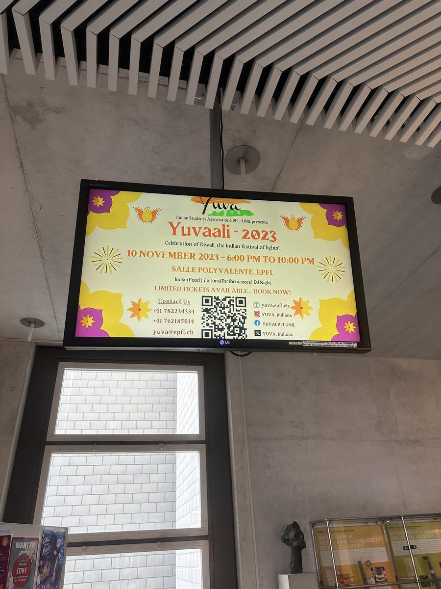 YUVA_Indians's tweet photo. Yuvaali x EPFL!!

Yuvaali gets featured on Polynex screens across the @EPFL campus! If you haven't registered yet, use this link to register: https://t.co/LmXPjJTfhR

Let the fireworks begin!🔥🔥
@EPFL_en  @EPFLevents  

#yuvaali2023 #diwali #epfl_events https://t.co/gx7oT0TWfu