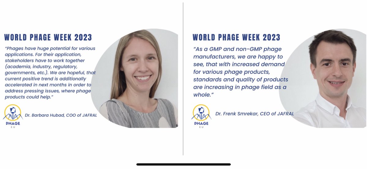 #WorldPhageWeek 2023
Dr. Barbara Hubad and Dr. Frenk Smrekar from JAFRAL Biosolutions, one of the founding members of PhageEU, stay positive about the future of #phage products in the EU and that their standards and quality are increasing.
