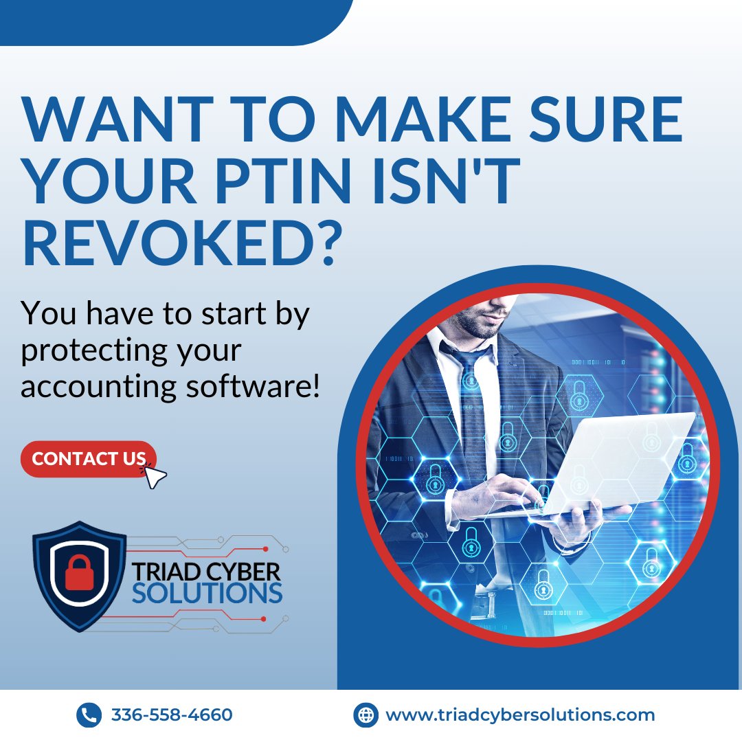 TriadCyberSol's tweet image. Your PTIN is the key to your accounting world, and everything depends on ensuring the security of your accounting software. Don&apos;t leave it vulnerable! 

#triadcybersolution #cybersolution #pcsupport #hostedemail #databackup #businessservices