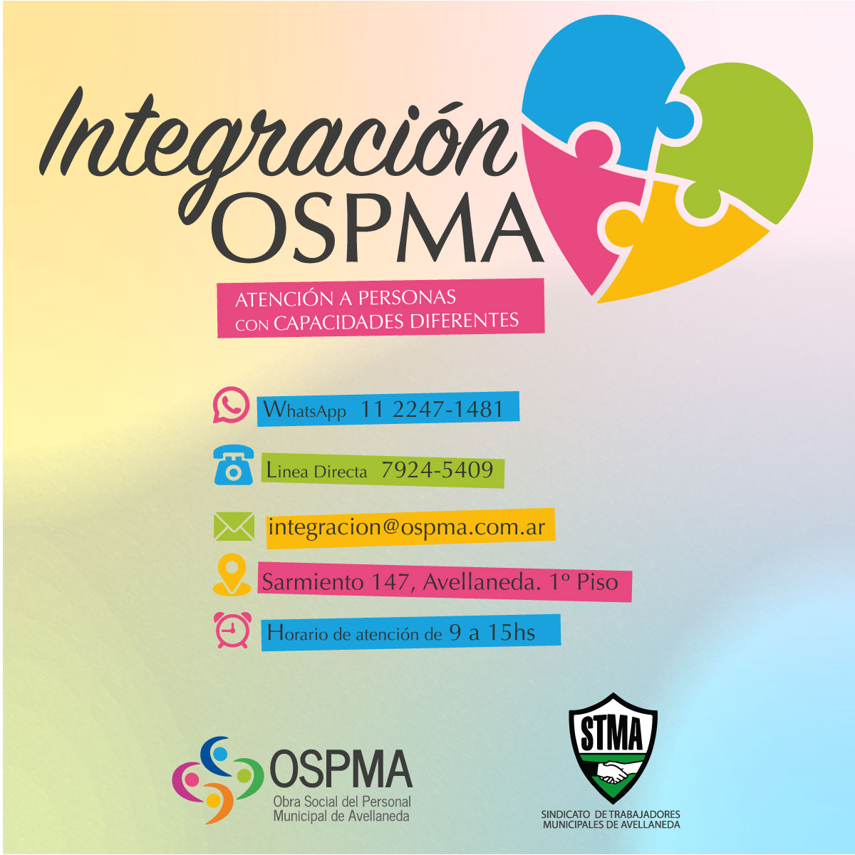 stmavellaneda's tweet photo. #OSPMA
INTEGRACIÓN OSPMA
Atención a personal con capacidades diferentes
*WhatsApp: +54 9 11 2247-1481
*Línea directa: 7924-5409
*Mail: integracion@ospma.com.ar
*Dirección: Sarmiento 147. 1º Piso
*Horario de atención: de 9 a 15hs https://t.co/X04RsEdn8R