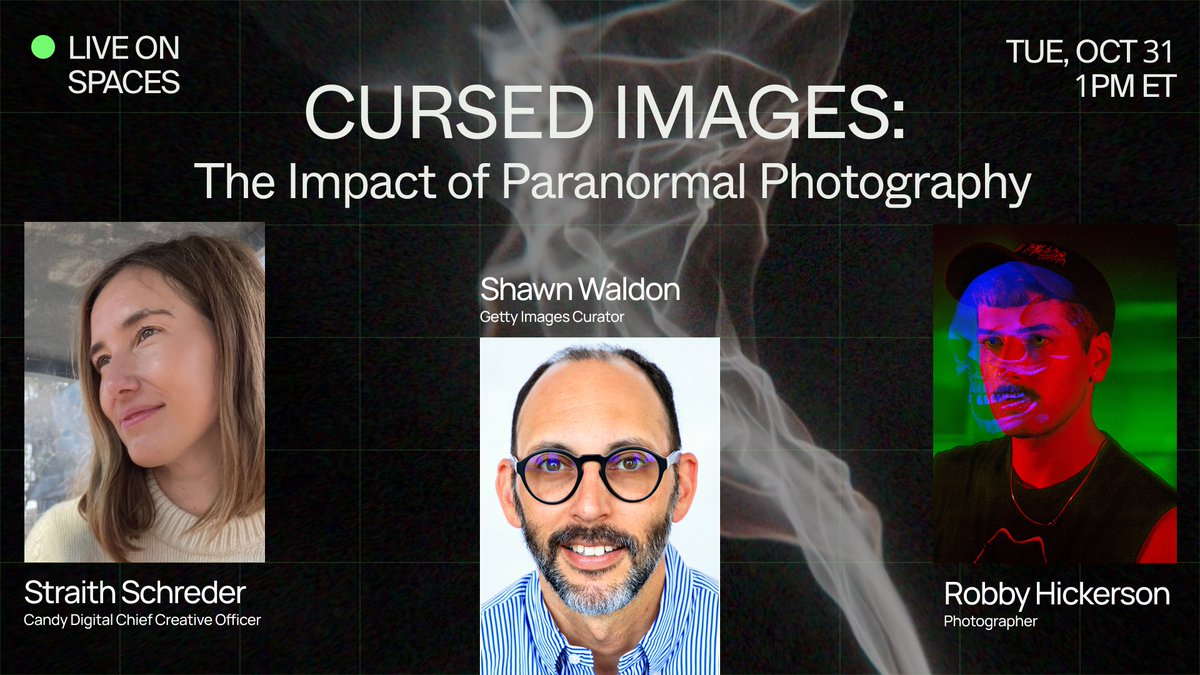 Join us as we dive deep into the Ghost in the Machine and Nightmare Logic! We'll explore the world of spirit photography and unpack its impact. 🗣️ @Shae_Biron, @StraithSchreder, @shawnwald, and @robe_thickerson Tune in Tues, 10.31 at 10a PT ↓ go.candy.com/Cursed-Images