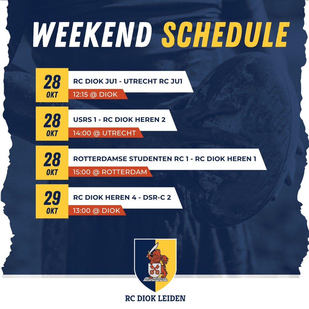 💙 DIOK MATCH SCHEDULE 💛 
1 junioren wedstrijd zaterdag thuis tegen Utrecht.
De Future Klasse speelt uit tegen USRS. 💪🏽
Heren 1, Ereklasse, speelt uit, tegen de Rotterdamse Studenten. 
Kom je aanmoedigen langs de lijn? ✨
Zondag speelt Heren 4 tegen DSR-C 2 thuis om 13 uur.