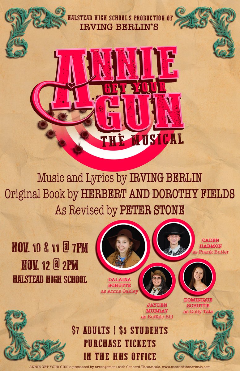 Tickets for "Annie Get Your Gun" go on Sale Monday, October 30th at Halstead High School!!   You won't want to miss this show!! SHARE AND INVITE EVERYONE YOU KNOW!! Let’s pack that auditorium!! ⁦<a href="/Halstead_AD/">Halstead Dragons</a>⁩ ⁦<a href="/chad_baalman/">Chad Baalman</a>⁩ ⁦<a href="/USD_440/">USD440 Halstead-Bentley</a>⁩