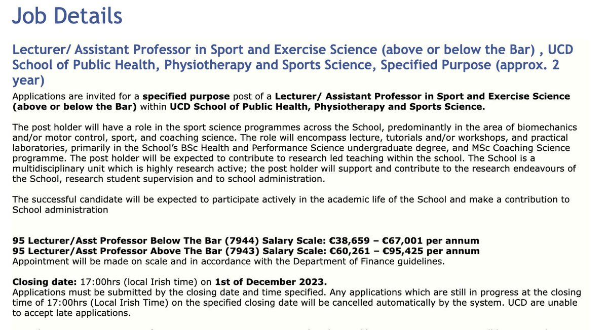 JOB VACANCY - Lecturer / Asst. Prof in Sport and Exercise Science at UCD 
Please see my.corehr.com/pls/ucdrecruit… for further details.