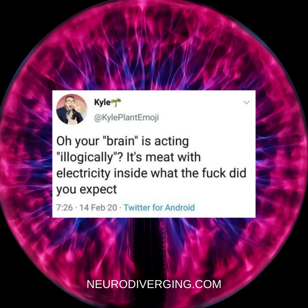 neurodiverging's tweet photo. Oh your "brain" is acting "illogically"? It's meat with electricity inside what the fuck did you expect @KylePlantEmoji
#Neurodivergent #adhd #autism https://t.co/ozpWKMUsvd