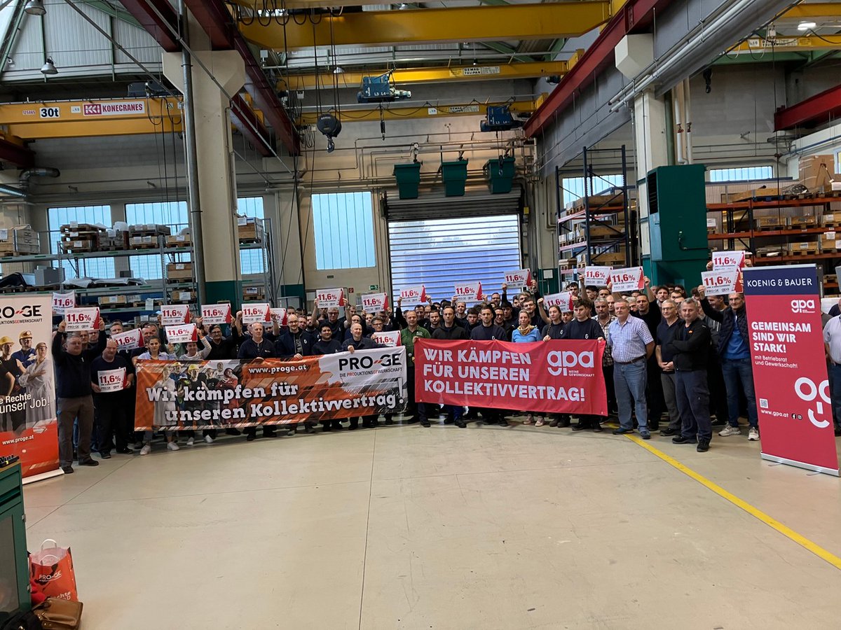 oegb_at's tweet image. Mehr als 280 Metaller-Betriebsversammlungen haben diese Woche in ganz Österreich stattgefunden. Die #PROGE und @GewerkschaftGPA kämpfen für eine kräftige Lohn- und Gehaltserhöhung, denn das Arbeitgeber-Angebot von 2,5 % ist respektlos!
#Herbstlohnrunde #Metaller