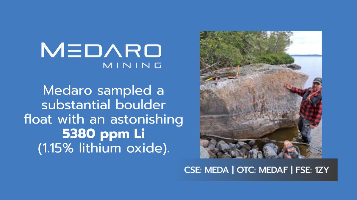 MedaroMining's tweet image. Medaro sampled a substantial boulder float with an astonishing 5380 ppm Li (1.15% lithium oxide).
🔗 Learn more at this link ⇒ stockmkt.info/3FdUHXT 
#mininglithium #lithiumexploration #lithiummining #CSEstocks #OTCMarkets
🇨🇦 $MEDA 🇺🇸 $MEDAF