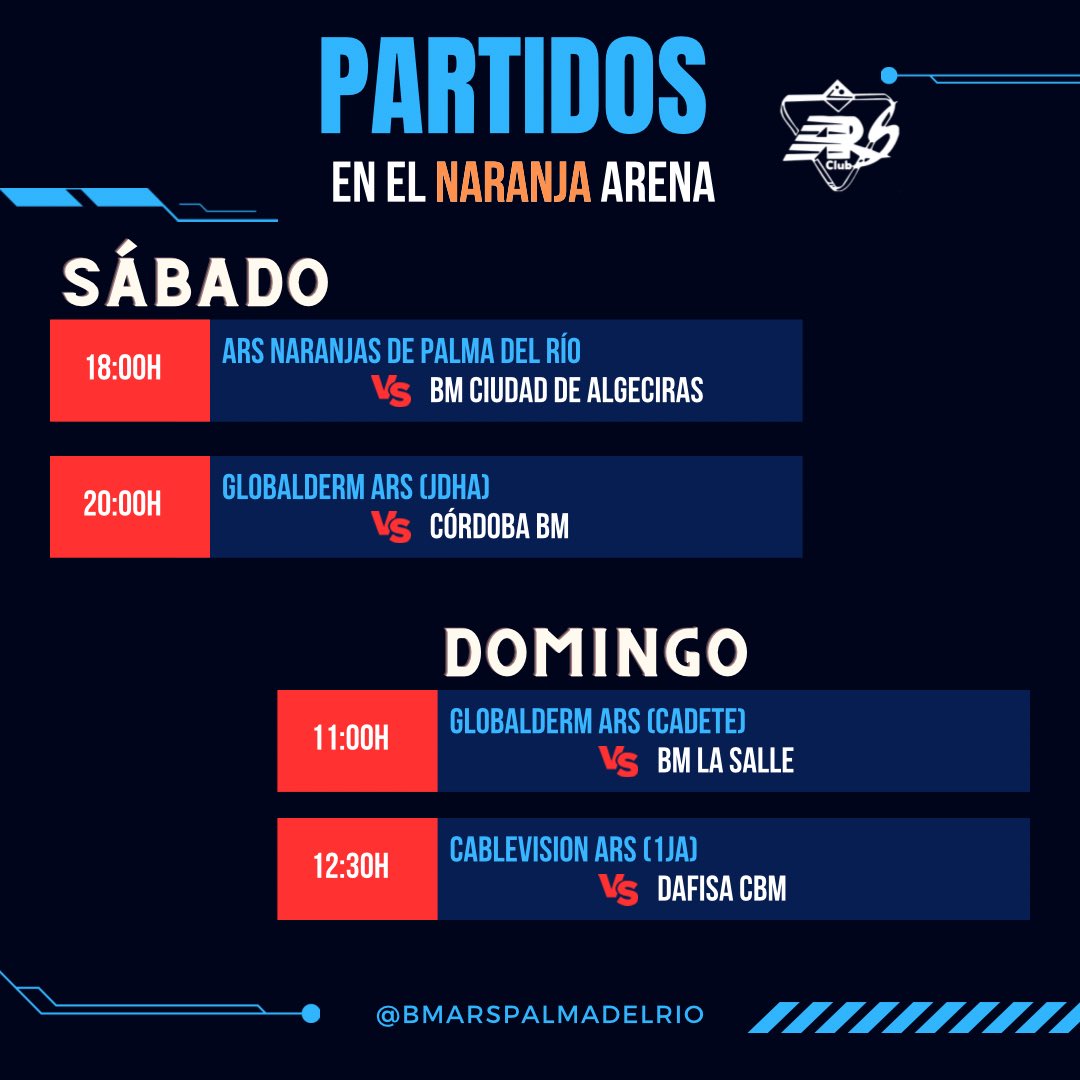 arspalmadelrio's tweet photo. PARTIDOS EN EL NARANJA ARENA 
🏟️🍊💙🤍

Estos son los encuentros que se disputarán este fin de semana en nuestro bastión, fin de semana intenso de balonmano 🤾🏻 

@bmciudaddealgec @balonmanosalle @CordobadeBM https://t.co/0jcoq5kIuD