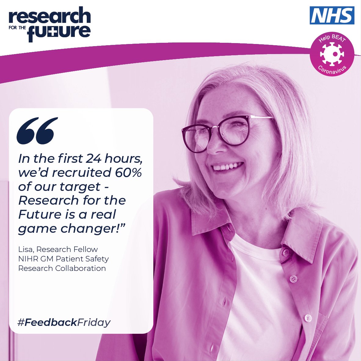 Research_Future's tweet image. “In the first 24 hours, we’d recruited 60% of our target – Research for the Future is a real game changer!”

Lisa, Research Fellow
NIHR GM Patient Safety Research Collaboration
#FeedbackFriday #ResearchForTheFuture