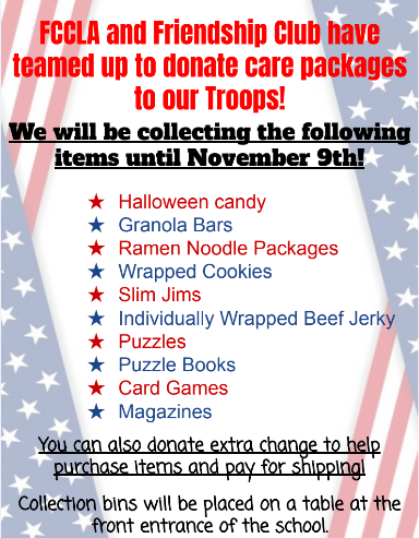 GHMSFCCLA's tweet photo. We are excited to collect items to send care packages to our troops! @SCSD_GMS https://t.co/xS30BhOarp
