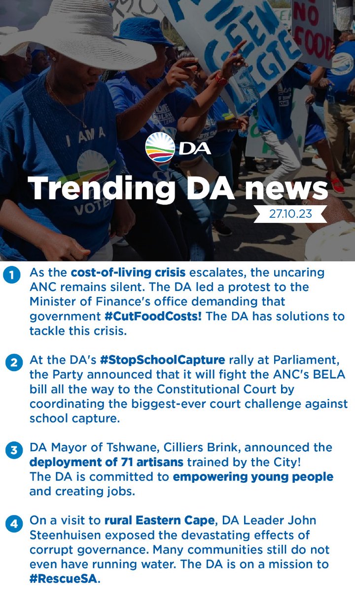 BelindaE6's tweet photo. ❗ Helen Zille led a protest to #StopSchoolCapture. The DA is taking the ANC's draconian BELA Bill to the Constitutional Court!
❌ Protesters gathered in Pretoria to demand that government #CutFoodCosts. The DA handed our solutions to the Minister of Finance.
See top stories 🗞️ https://t.co/wyFI39GZ1E
