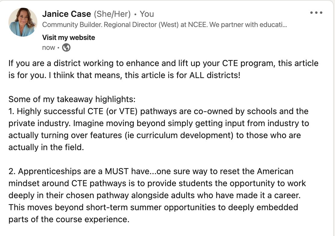 Our @CtrEdEcon CEO @drvickip most recent @Forbes article is out! If you are a district working to enhance and lift up your CTE program, this article is for you. I think that means, this article is for ALL districts! Go find it on my LinkedIn post!