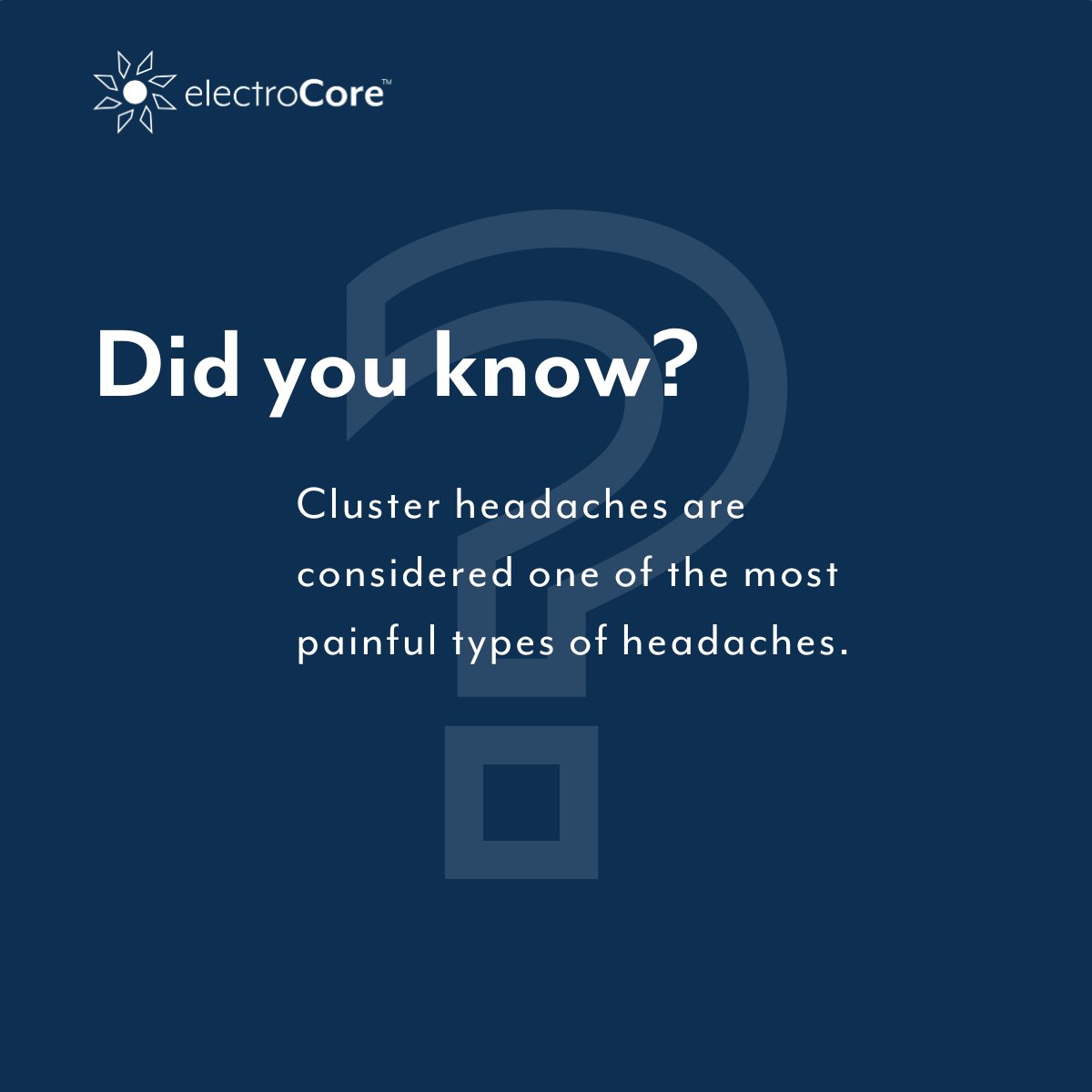 ElectroCoreVNS's tweet photo. Cluster headache, otherwise known as suicide headache, has been described as one of the most painful conditions known to man.
Help your patients reduce their cluster headache attacks. Learn more: https://t.co/J19yOzuhy8
#ClusterHeadache #electroCore #MedicalDevice #nVNS https://t.co/BfPw6HBw4o