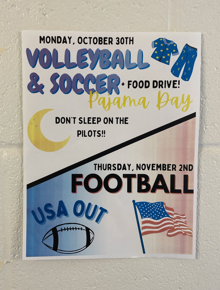 Day 78 #HollowHappenings 🛫 On Monday (10/30), bust out your cans &amp; PJs to support our local Food Drive.  6 cans get in free for Volleyball &amp; Soccer &amp; wear your fav pajamas. #GoPilots <a href="/PineHollowAD/">Pilots Athletics</a> <a href="/PineHollowMS/">Pine Hollow Middle School</a> <a href="/cwest831/">Cassie West</a>
