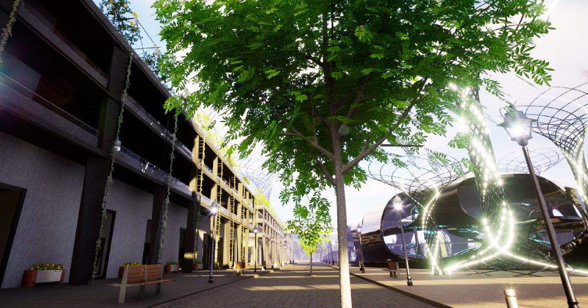 thelootverse's tweet image. The Garden of Eden is a lively and colorful district, full of lush green vegetation and strategically placed streetlights that illuminate the district at night, keeping it bright and welcoming. #VirtualVersionOfArcadia #GOE #ColonizeArcadia