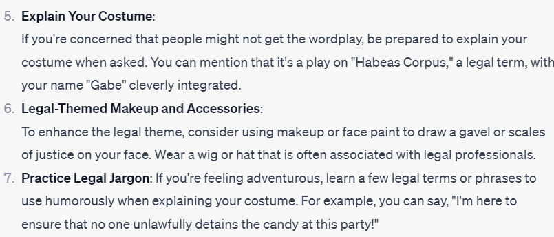 GZempel's tweet photo. Asking ChatGPT recommendations for a 'Writ of Gabeas Corpus' halloween costume and the advice is perfectly C3PO-esque https://t.co/yzIf8ktEMX