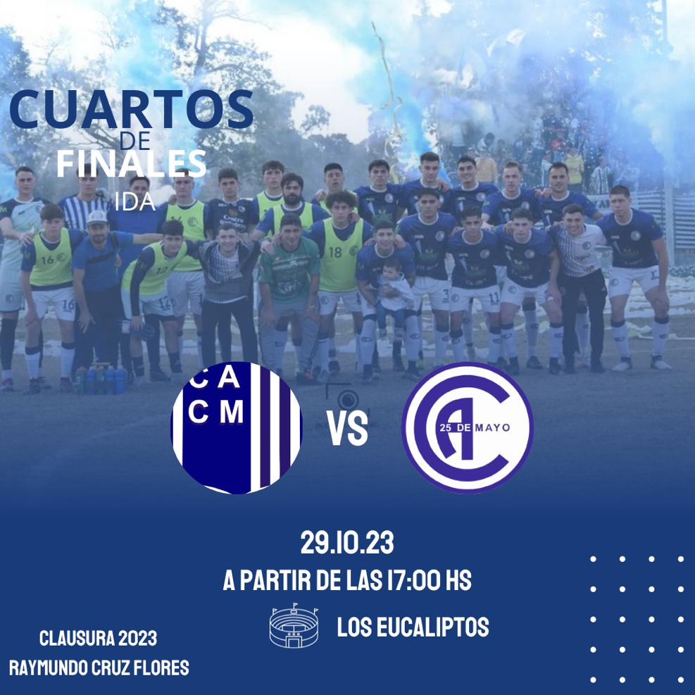 🔜 ¡𝗣𝗥𝗢́𝗫𝗜𝗠𝗢 𝗣𝗔𝗥𝗧𝗜𝗗𝗢!
 📌𝐂𝐔𝐀𝐑𝐓𝐎𝐒 𝐃𝐄 𝐅𝐈𝐍𝐀𝐋 (𝑰𝑫𝑨)
 📌 Clausura 2023
 ⚽ Torneo Raymundo Cruz Flores
🆚 @clubatleticoculturalmattaldi
🗓 Domingo 29/10/2023
🕙 A partir de las 17:00 hs
🏟️ Los Eucaliptos