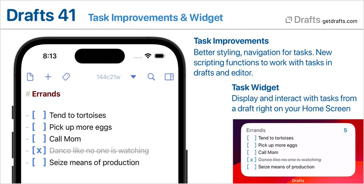 Drafts 41 is out! Task improvements, and a new interactive task widget.

Details: forums.getdrafts.com/t/drafts-41-re…