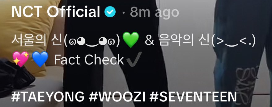 sevengasm's tweet photo. the caption of taeyong and woozi’s fact check challege:

“seoul’s deity (๑◕‿◕๑)💚 &amp; god of music (>‿<.)💖💙”

with their respective emojis and fandom colors 😭😭😭 so cute https://t.co/4f61w7GnJ0