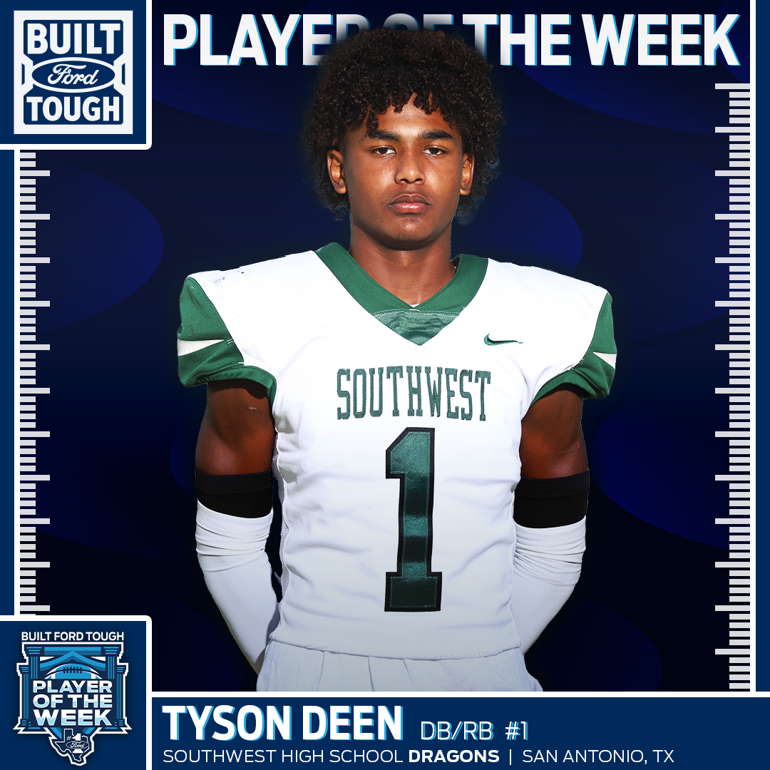 TXFordDealers's tweet photo. The Southwest DB/RB @tyson_deen had 13 tackles, one forced &amp; recovered fumble, &amp; a 77-yard TD. Offensively, he had two carries for 23 YRDs &amp; a TD. On special teams, he had two punt returns for 82 YRDs &amp; a kickoff return for an 80-yard TD, making him the Class 5A #BFTPOWeek. https://t.co/d4Q13siBTN