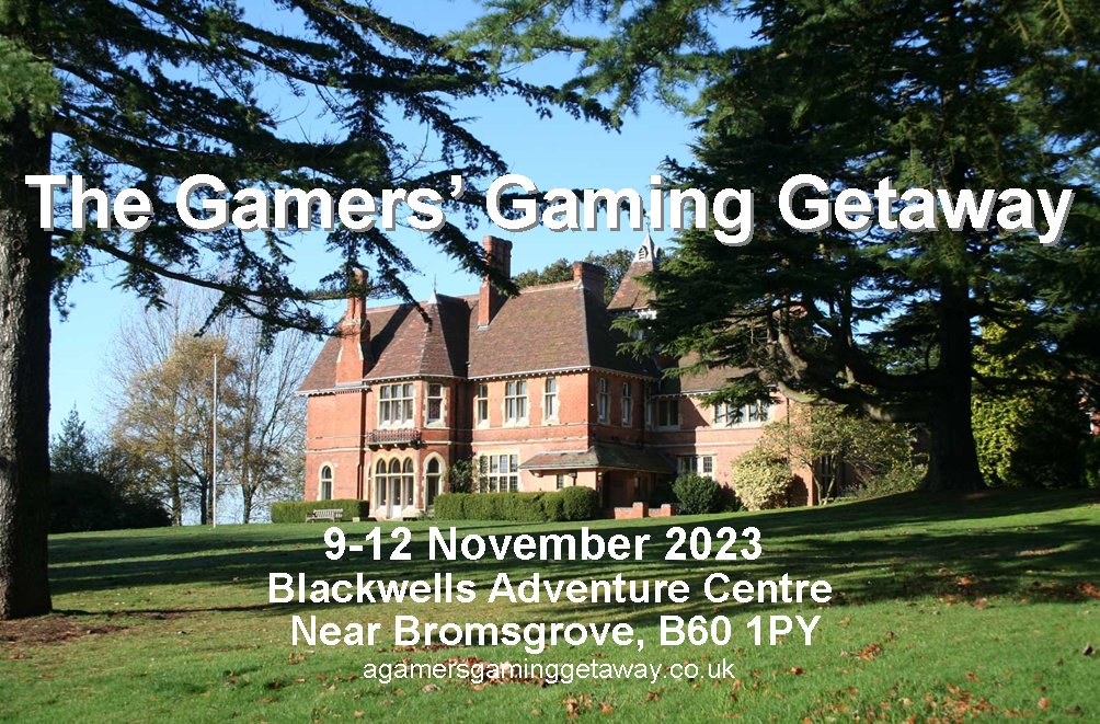 2 weeks to the Gamers' Gaming Getaway multi-genre gaming event (agamersgaminggetaway.co.uk). Boardgames, escape games, starship simulator, TTRPGs, LARPs, tournaments, Blood on The Clocktower, life-size games, games design workshops, playtesting, bring and buy, giant dice fights, etc