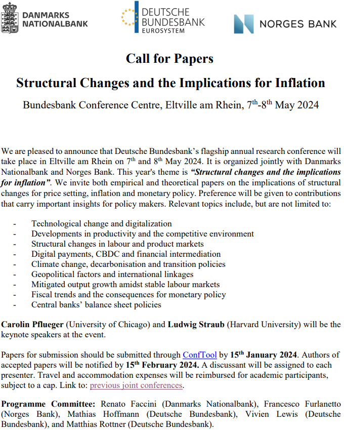 New call for papers. Conference on:
"Structural Changes and the Implications for Inflation"
Eltville (near Frankfurt), 7-8 May 2024.
Keynotes from <a href="/CarolinPflueger/">Carolin Pflueger</a> and <a href="/ludwigstraub/">Ludwig Straub</a> .
Submission link (and PDF of call) in replies.
Please submit!