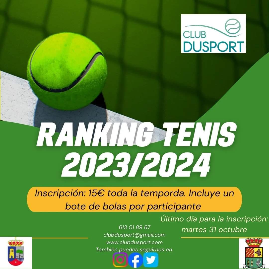 ClubDusport's tweet photo. 📢📢Abierto el plazo de inscripción al ranking de tenis absoluto del Club Dusport.

Toda la normativa puede encontrarse en nuestra web https://t.co/FSKakQa6rq

Último día de inscripción: martes 31 de octubre.

Animaros para jugar esta competición que dura todo el curso 🎾🎾 https://t.co/shmmMq72SG