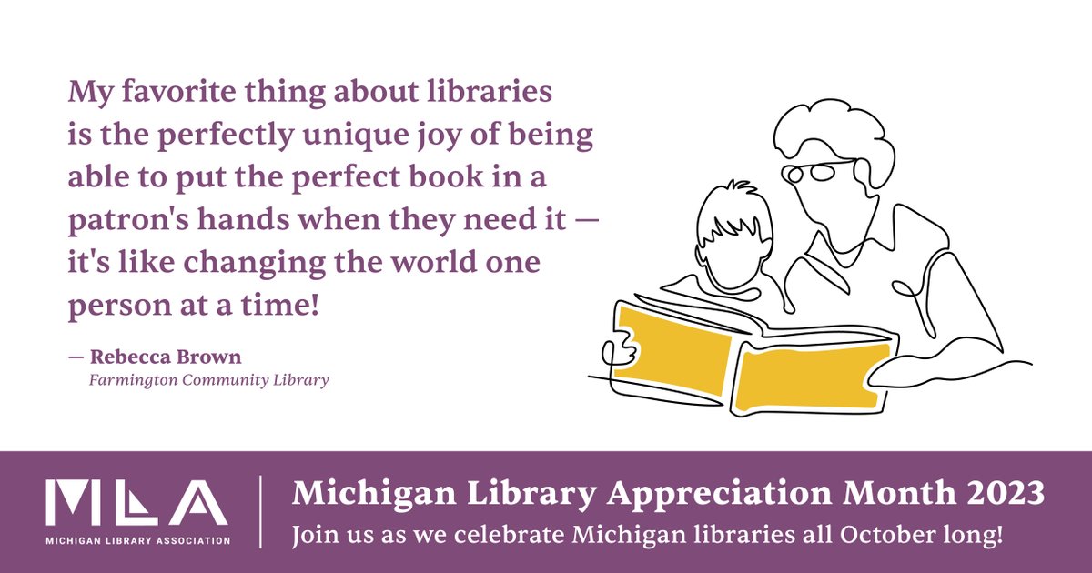 MLAoffice's tweet photo. "My favorite thing about libraries is the perfectly unique joy of being able to put the perfect book in a patron's hands when they need it -- it's like changing the world one person at a time!" 🌎📖- Rebecca Brown, Farmington Community Library
#LoveMiLibraries #MiLibraryMonth https://t.co/7wpqIFhoDY