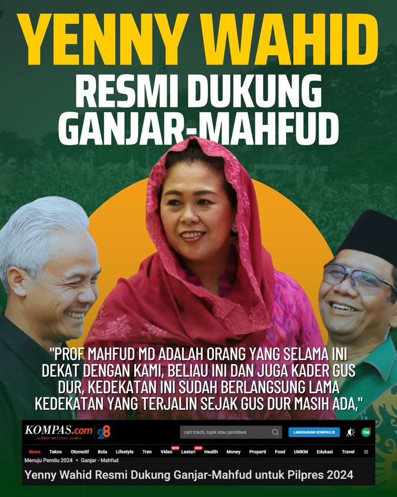 Yenny Wahid Resmi Dukung Ganjar-Mahfud untuk Pilpres 2024
Capres-Cawapres PDIP Megawati Hasto Viral Sosok Kiky
Yenny Wahid: "PROF MAHFUD MD ADALAH ORANG YANG SELAMA INI DEKAT DENGAN KAMI, BELIAU INI DAN JUGA KADER GUS DUR, KEDEKATAN INI SUDAH 
#GanjarMahfudKonsisten