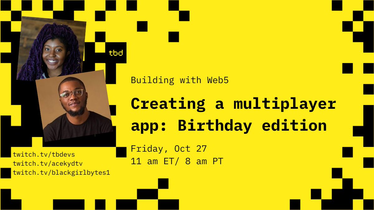 Join me and @Ace_KYD as we build a multiplayer Web5 to-do app using Nuxt. Plus, we're celebrating Ace's birthday! Come for the tech, stay for the party! 🎉 Today at 11 am ET on twitch.tv/tbdevs