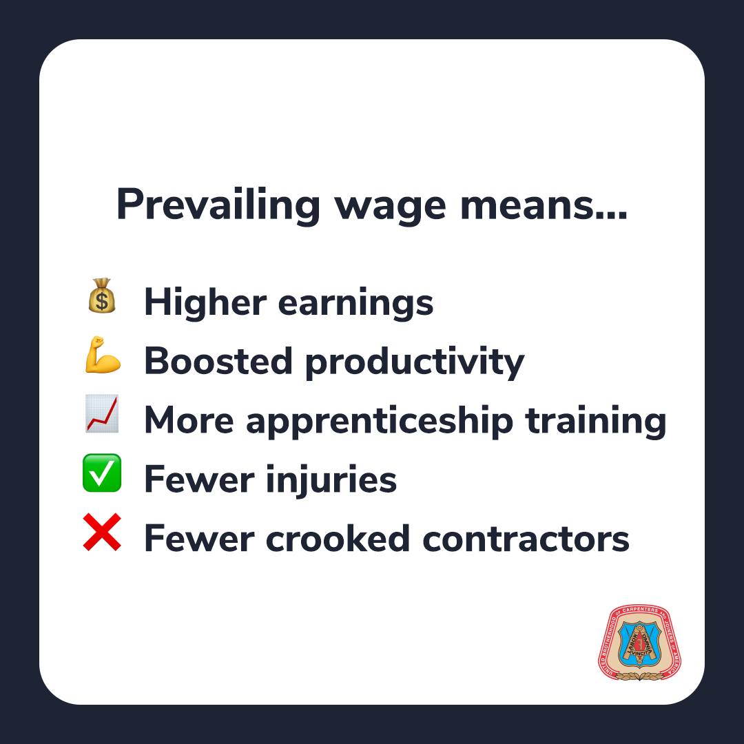 Why do we fight for prevailing wages? Because it protects our most important victories. 
Studies show that prevailing wage = higher earnings, boosted productivity, more apprenticeship training, fewer injuries on the job site &amp; fewer crooked contractors undercutting union workers.
